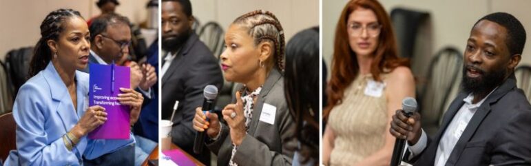 collage of three images, people speaking at a roundtable event