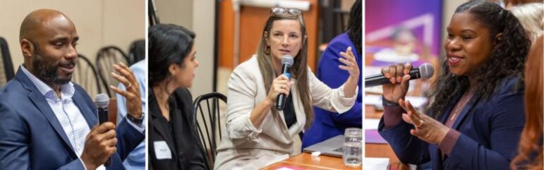 collage of three images, people speaking at a roundtable event